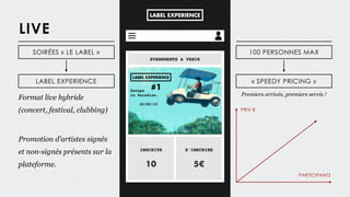 LIVE
Format live hybride
(concert, festival, clubbing)
SOIRÉES « LE LABEL »
LABEL EXPERIENCE
100 PERSONNES MAX
« SPEEDY PRICING »
Premiers arrivés, premiers servis !
PRIX €
PARTICIPANTS
Promotion d’artistes signés
et non-signés présents sur la
plateforme.
 