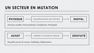 UN SECTEUR EN MUTATION
PHYSIQUE DIGITALDÉMATÉRIALISATION DES SUPPORTS
Nouveaux modèles: Personnalisation, Gamification, Participatif
ACHAT GRATUITÉINTERNET ET CULTURE DU PARTAGE
Nouvelles sources de revenus: Publishing, Collaborations
 