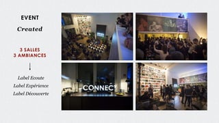 EVENT
Created
3 SALLES
3 AMBIANCES
Label Ecoute
Label Expérience
Label Découverte
 