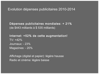 Evolution dépenses publicitaires 2010-2014
Dépenses publicitaires mondiales: + 21%
(de $443 milliards à $ 535 milliards)
Internet: +52% de cette augmentation!
TV: +42%
Journaux: - 23%
Magazines: - 20%
Affichage (digital et papier): légère hausse
Radio et cinéma: légère baisse
 