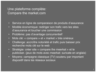 r
Une plateforme complète:
Compare the market.com
• Service en ligne de comparaison de produits d’assurance
• Modèle économique: rediriger son trafic vers les sites
d’assurance et toucher une commission
• Problème: pas d’avantage concurrentiel!
• Mots clé: « compare » et « market » très onéreux
• Challenge: accroître notoriété et trafic puis baisser prix
recherche mots clé sur le web
• Stratégie: créer site « compare the meerkat » et le
publiciser. (jeux de mots avec meerkat: suricate en anglais)
• Moyens: campagne classique (TV) soutenu par important
dispositif dans les réseaux sociaux
 