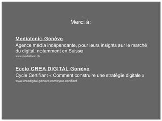 Merci à:
Mediatonic Genève
Agence média indépendante, pour leurs insights sur le marché
du digital, notamment en Suisse
www.mediatonic.ch
Ecole CREA DIGITAL Genève
Cycle Certifiant « Comment construire une stratégie digitale »
www.creadigital-geneve.com/cycle-certifiant
 