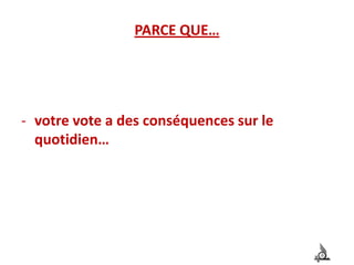 PARCE QUE…votre vote a des conséquences sur le quotidien…PARCE QUE…plus l’abstention est forte, plus la démocratie est faible…PARCE QUE…le vote est le moyen pour le peuple de contrôler ses gouvernants.    Tunisiens de France, votez lejeudi 20, le vendredi 21 et le samedi 22 octobre 2011 pour les élections de l’Assemblée Constituante!	Consultez votre bureau de vote ici: http://app.getresponse.com/click.html?x=a62b&lc=TWhi&mc=BH&s=QmnNu&y=f&    Bureaux ouverts de 8h à 18h.