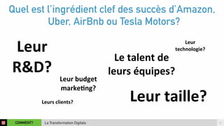 Quel est l’ingrédient clef des succès d’Amazon, 
Uber, AirBnb ou Tesla Motors? 
Leur 
R&D? 
Leur 
budget 
marke4ng? 
COMMENT? 17 
La Transformation Digitale 
Le 
talent 
de 
leurs 
équipes? 
Leur 
technologie? 
Leur 
taille? Leurs 
clients? 
 