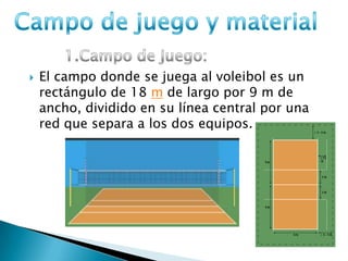  El campo donde se juega al voleibol es un
rectángulo de 18 m de largo por 9 m de
ancho, dividido en su línea central por una
red que separa a los dos equipos.
 
