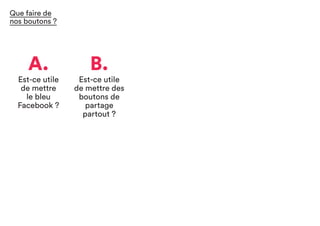 A.
Est-ce utile
de mettre
le bleu
Facebook ?
B.
Est-ce utile
de mettre des
boutons de
partage
partout ?
Que faire de
nos boutons ?
 