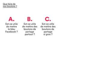 A.
Est-ce utile
de mettre
le bleu
Facebook ?
C.
Est-ce utile
de mettre des
boutons de
partage
si gros ?
B.
Est-ce utile
de mettre des
boutons de
partage
partout ?
Que faire de
nos boutons ?
 