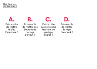 A.
Est-ce utile
de mettre
le bleu
Facebook ?
C.
Est-ce utile
de mettre des
boutons de
partage
si gros ?
B.
Est-ce utile
de mettre des
boutons de
partage
partout ?
D.
Est-ce utile
de mettre
le logo
Facebook ?
Que faire de
nos boutons ?
 