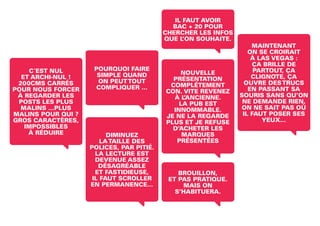 DIMINUEZ
LATAILLE DES
POLICES, PAR PITIÉ.
LA LECTURE EST
DEVENUE ASSEZ
DÉSAGRÉABLE
ET FASTIDIEUSE,
IL FAUT SCROLLER
EN PERMANENCE...
BROUILLON,
ET PAS PRATIQUE.
MAIS ON
S’HABITUERA.
C´EST NUL
ET ARCHI-NUL !
200CMS CARRÉS
POUR NOUS FORCER
À REGARDER LES
POSTS LES PLUS
MALINS ...PLUS
MALINS POUR QUI ?
GROS CARACTÈRES,
IMPOSSIBLES
À RÉDUIRE
IL FAUT AVOIR
BAC + 20 POUR
CHERCHER LES INFOS
QUE L’ON SOUHAITE.
NOUVELLE
PRÉSENTATION
COMPLÉTEMENT
CON. VITE REVENEZ
À L’ANCIENNE.
LA PUB EST
INNOMMABLE.
JE NE LA REGARDE
PLUS ET JE REFUSE
D’ACHETER LES
MARQUES
PRÉSENTÉES
POURQUOI FAIRE
SIMPLE QUAND
ON PEUTTOUT
COMPLIQUER ...
MAINTENANT
ON SE CROIRAIT
À LAS VEGAS :
ÇA BRILLE DE
PARTOUT, ÇA
CLIGNOTE, ÇA
OUVRE DESTRUCS
EN PASSANT SA
SOURIS SANS QU’ON
NE DEMANDE RIEN,
ON NE SAIT PAS OÙ
IL FAUT POSER SES
YEUX...
 