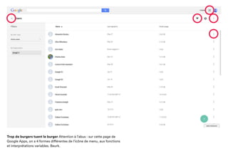 Trop de burgers tuent le burger Attention à l’abus : sur cette page de
Google Apps, on a 4 formes différentes de l’icône de menu, aux fonctions
et interprétations variables. Beurk.
 