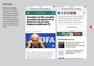 Huff post
Relances en priorité
Sur la version mobile du
Huffpost, il faut cliquer
pour déployer le reste de
l’article après le premier
paragraphe.
La conséquence de
l’observation du parcours
d’internautes qui
consultaient peu l’article
en entier après avoir
cliqué.
 
