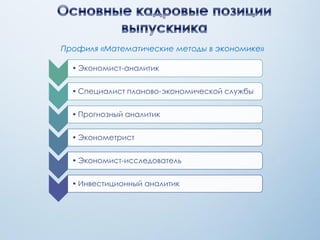 • Экономист-аналитик
• Специалист планово-экономической службы
• Прогнозный аналитик
• Эконометрист
• Экономист-исследователь
• Инвестиционный аналитик
Профиля «Математические методы в экономике»
 