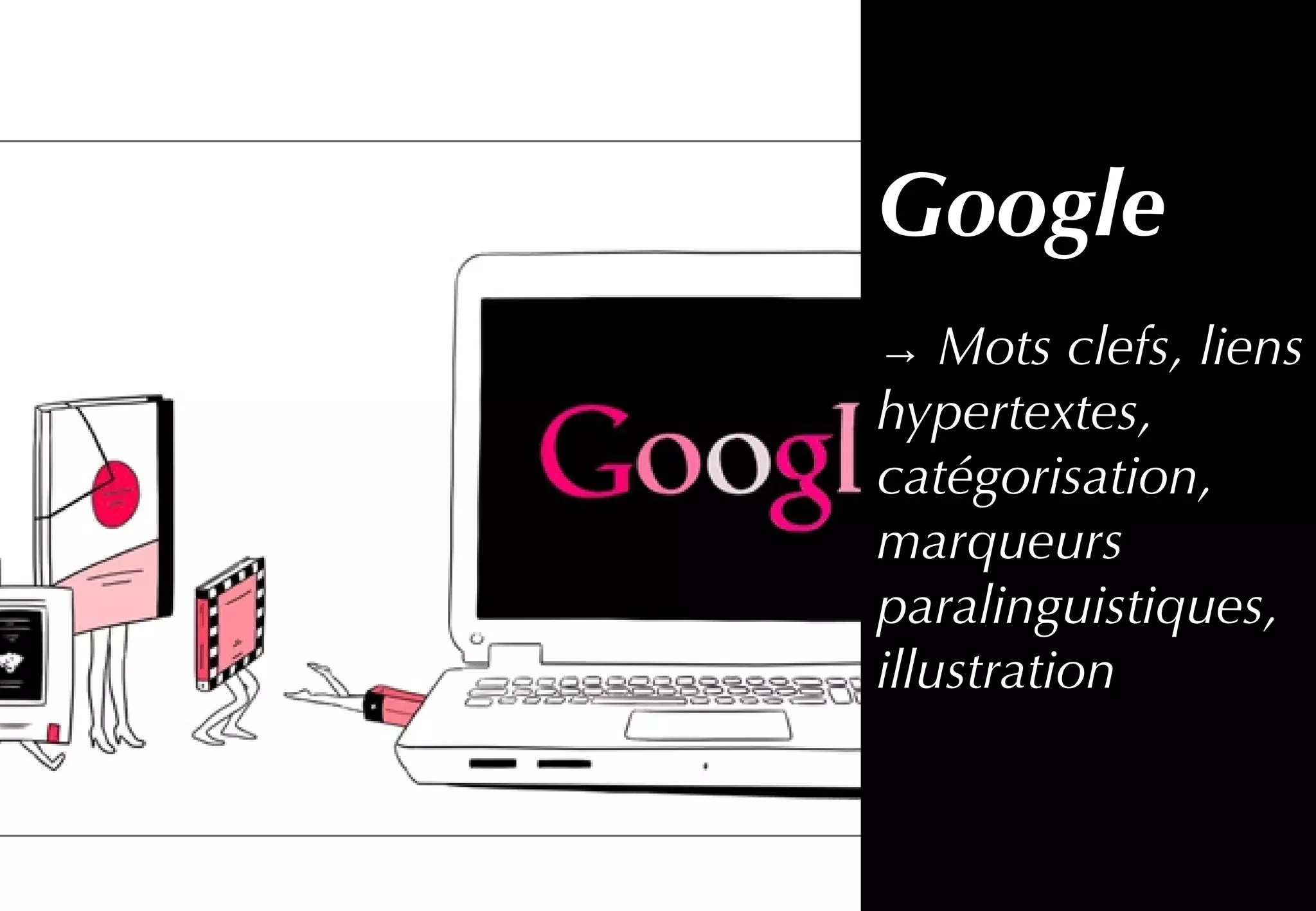 Google
→ Mots clefs, liens
hypertextes,
catégorisation,
marqueurs
paralinguistiques,
illustration
 