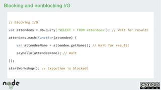 Blocking and nonblocking I/O
// Blocking I/O
var attendees = db.query('SELECT * FROM attendees'); // Wait for result!
attendees.each(function(attendee) {
var attendeeName = attendee.getName(); // Wait for result!
sayHello(attendeeName); // Wait
});
startWorkshop(); // Execution is blocked!
 