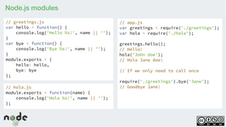 Node.js modules
// greetings.js
var hello = function() {
console.log('Hello %s!', name || '');
}
var bye = function() {
console.log('Bye %s!', name || '');
}
module.exports = {
hello: hello,
bye: bye
};
// hola.js
module.exports = function(name) {
console.log('Hola %s!', name || '');
};
// app.js
var greetings = require('./greetings');
var hola = require('./hola');
greetings.hello();
// Hello!
hola('John doe');
// Hola Jane doe!
// If we only need to call once
require('./greetings').bye('Jane');
// Goodbye Jane!
 
