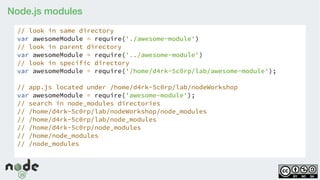 Node.js modules
How does require return the libraries?// look in same directory
var awesomeModule = require('./awesome-module')
// look in parent directory
var awesomeModule = require('../awesome-module')
// look in specific directory
var awesomeModule = require('/home/d4rk-5c0rp/lab/awesome-module');
// app.js located under /home/d4rk-5c0rp/lab/nodeWorkshop
var awesomeModule = require('awesome-module');
// search in node_modules directories
// /home/d4rk-5c0rp/lab/nodeWorkshop/node_modules
// /home/d4rk-5c0rp/lab/node_modules
// /home/d4rk-5c0rp/node_modules
// /home/node_modules
// /node_modules
 