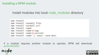 Installing a NPM module
npm install
npm install <tarball file>
npm install <tarball url>
npm install <name>
npm install <name>@<tag>
npm install <name>@<version>
npm install <name> [--save|--save-dev]
Install modules into local node_modules directory
If a module requires another module to operate, NPM will download
automatically!
 