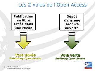 20-26 octobre 2014 
Semaine internationale du Libre accès 
3 
Les 2 voies de l'Open Access 
Publication 
en libre 
accès dans 
une revue 
Dépôt 
dans une 
archive 
ouverte 
VVooiiee ddoorrééee 
PPuubblliisshhiinngg OOppeenn AAcccceessss 
VVooiiee vveerrttee 
AArrcchhiivviinngg OOppeenn AAcccceessss 
 