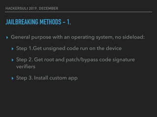 HACKERSULI 2019. DECEMBER
JAILBREAKING METHODS - 1.
▸ General purpose with an operating system, no sideload:
▸ Step 1.Get ...