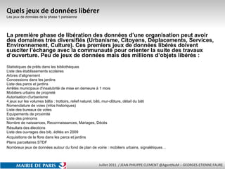 Quels jeux de données libérer Les jeux de données de la phase 1 parisienne La première phase de libération des données d’une organisation peut avoir des domaines très diversifiés (Urbanisme, Citoyens, Déplacements, Services, Environnement, Culture). Ces premiers jeux de données libérés doivent susciter l’échange avec la communauté pour orienter la suite des travaux d’ouverture. Peu de jeux de données mais des millions d’objets libérés : Statistiques de prêts dans les bibliothèques Liste des établissements scolaires Arbres d'alignement Concessions dans les jardins Liste des parcs et jardins Arrêtés municipaux d'insalubrité de mise en demeure à 1 mois Mobiliers urbains de propreté Autorisation d'urbanisme 4 jeux sur les volumes bâtis : trottoirs, relief naturel, bâti, mur-clôture, détail du bâti Nomenclature de voies (infos historiques) Liste des bureaux de votes Equipements de proximité Liste des prénoms Nombre de naissances, Reconnaissances, Mariages, Décès Résultats des élections Liste des ouvrages des bib. édités en 2009 Acquisitions de la flore dans les parcs et jardins Plans parcellaires STDF Nombreux jeux de données autour du fond de plan de voirie : mobiliers urbains, signalétiques… 