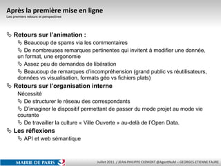 Après la première mise en ligne Les premiers retours et perspectives Retours sur l’animation : Beaucoup de spams via les commentaires De nombreuses remarques pertinentes qui invitent à modifier une donnée, un format, une ergonomie Assez peu de demandes de libération Beaucoup de remarques d’incompréhension (grand public vs réutilisateurs, données vs visualisation, formats géo vs fichiers plats) Retours sur l’organisation interne Nécessité  De structurer le réseau des correspondants D’imaginer le dispositif permettant de passer du mode projet au mode vie courante De travailler la culture « Ville Ouverte » au-delà de l’Open Data. Les réflexions API et web sémantique 