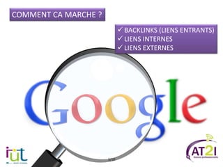 COMMENT CA MARCHE ?
 BACKLINKS (LIENS ENTRANTS)
 LIENS INTERNES
 LIENS EXTERNES
3/10
 