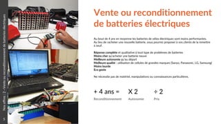 Nosoffres:2–Venteoureconditionnementdebatteriesélectriques
Vente ou reconditionnement
de batteries électriques
+ 4 ans =
Reconditionnement
X 2
Autonomie
÷ 2
Prix
Au bout de 4 ans en moyenne les batteries de vélos électriques sont moins performantes.
Au lieu de racheter une nouvelle batterie, vous pourrez proposer à vos clients de la remettre
à neuf.
Réponse complète et qualitative à tout type de problèmes de batteries
Moins cher qu’acheter une batterie neuve
Meilleure autonomie qu’au départ
Meilleure qualité : utilisation de cellules de grandes marques (Sanyo, Panasonic, LG, Samsung)
Moins lourde
Eco geste
Ne nécessite pas de matériel, manipulations ou connaissances particulières.
5
 