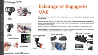 Nosoffres:3–EclairagesetbagagerieVAE
Autonomie : jusqu’à 30 heures
Eclairage VTT
Eclairage VAE
Eclairage et Bagagerie
VAE
Afin de compléter notre offre kits et batteries, nous avons développé notre propre gamme
d’accessoires :
Eclairage puissant pour VTT ou VAE : entre 1000 et 2000 Lumens pour les sorties engagées VTT,
ou 600 Lumens pour les VAE. Elles sont livrées avec leur propre batterie au Lithium ou alimentées
directement à partir du vélo.
Légères, compactes, élues meilleur rapport qualité / prix du marché par VTT magazines en 2018.
Bagagerie OZO : réponse pour installer et protéger son équipement électrique ou tout simplement
munir son vélo de sacoches résistantes aux projections d’eau.
Sacs batteries
Sacs de transport
6
 