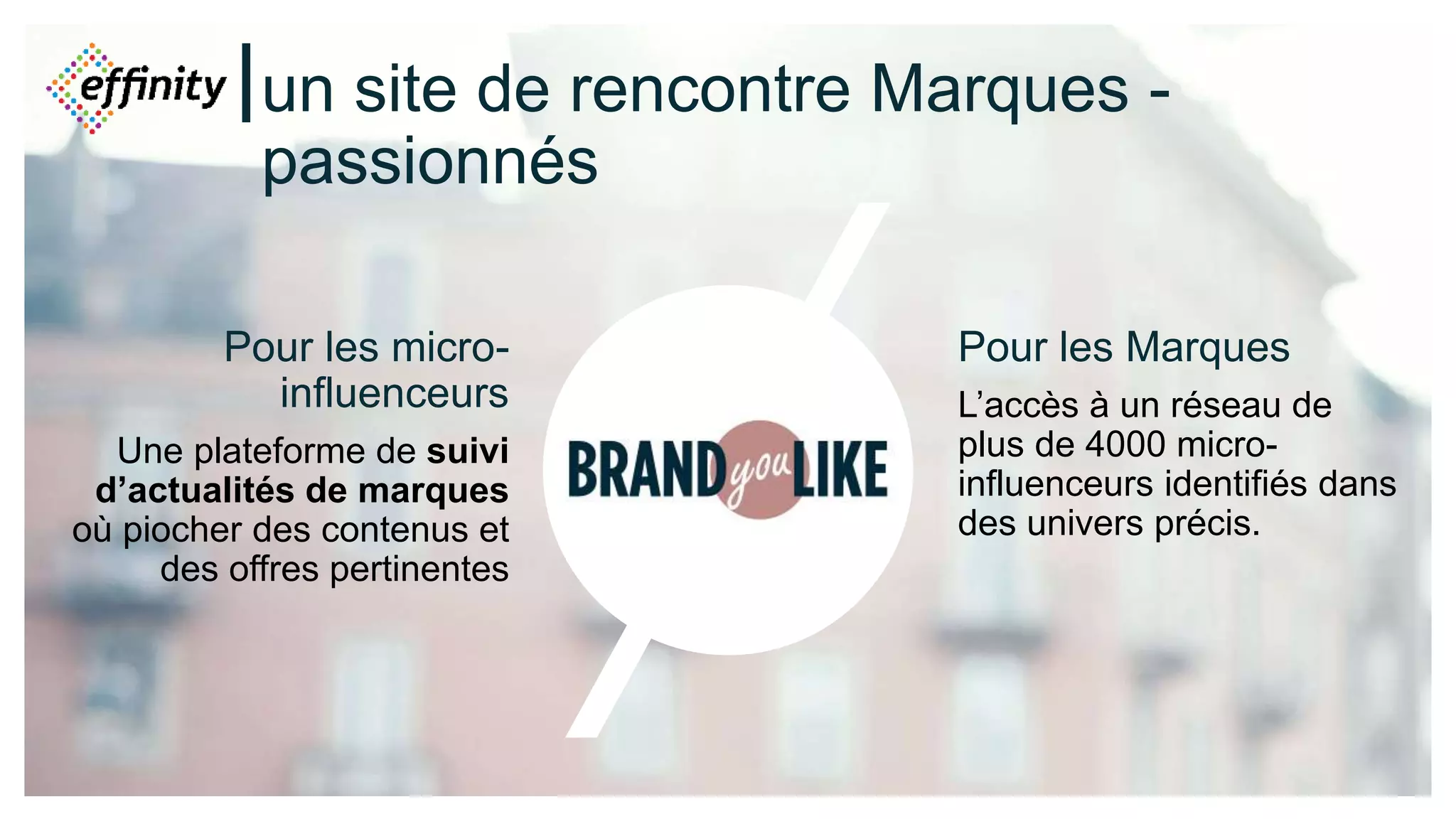un site de rencontre Marques -
passionnés
Pour les micro-
influenceurs
Une plateforme de suivi
d’actualités de marques
où piocher des contenus et
des offres pertinentes
Pour les Marques
L’accès à un réseau de
plus de 4000 micro-
influenceurs identifiés dans
des univers précis.
 