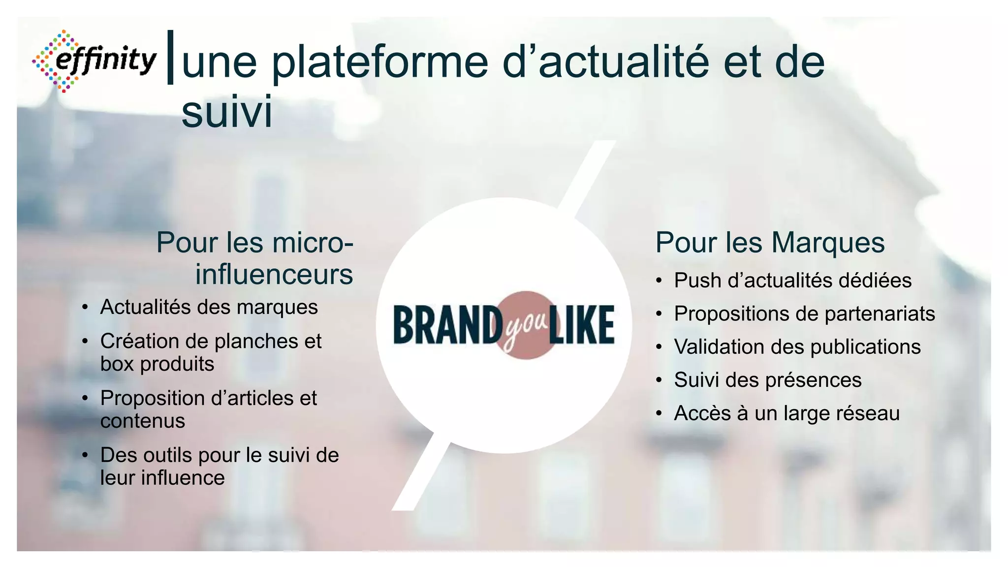 une plateforme d’actualité et de
suivi
Pour les micro-
influenceurs
• Actualités des marques
• Création de planches et
box produits
• Proposition d’articles et
contenus
• Des outils pour le suivi de
leur influence
Pour les Marques
• Push d’actualités dédiées
• Propositions de partenariats
• Validation des publications
• Suivi des présences
• Accès à un large réseau
 