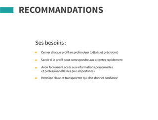 RECOMMANDATIONS
Ses besoins :
Cerner chaque profil en profondeur (détails et précisions)
Savoir si le profil peut correspondre aux attentes rapidement
Avoir facilement accès aux informations personnelles
et professionnelles les plus importantes
Interface claire et transparente qui doit donner confiance
 