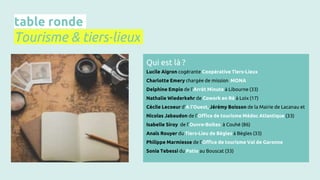 table ronde
Tourisme & tiers-lieux
Qui est là ?
Lucile Aigron cogérante Coopérative Tiers-Lieux
Charlotte Emery chargée de...