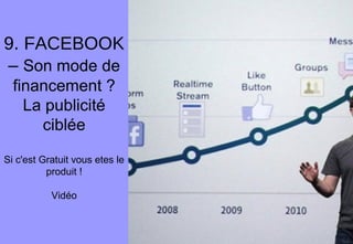 9. FACEBOOK
– Son mode de
financement ?
La publicité
ciblée
Si c'est Gratuit vous etes le
produit !
Vidéo
 