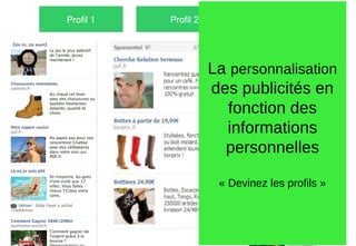 Profil 1 Profil 2 Profil 3
La personnalisation
des publicités en
fonction des
informations
personnelles
« Devinez les profils »
 