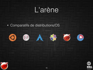 L'arène
• Comparatifs de distributions/OS
18
 