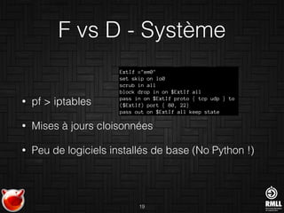 F vs D - Système
• pf > iptables
• Mises à jours cloisonnées
• Peu de logiciels installés de base (No Python !)
19
ExtIf ="em0"
set skip on lo0
scrub in all
block drop in on $ExtIf all
pass in on $ExtIf proto { tcp udp } to
($ExtIf) port { 80, 22}
pass out on $ExtIf all keep state
 