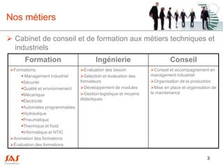 Nos métiers

 Cabinet de conseil et de formation aux métiers techniques et
  industriels
       Formation                        Ingénierie                        Conseil
 Formations:                    Évaluation des besoin          Conseil et accompagnement en
      Management industriel     Sélection et évaluation des    management industriel
     Sécurité                   formateurs                      Organisation de la production
     Qualité et environnement   Développement de modules       Mise en place et organisation de
     Mécanique                  Gestion logistique et moyens   la maintenance
     Électricité                didactiques
     Automates programmables
     Hydraulique
     Pneumatique
     Thermique et froid
     Informatique et NTIC
 Animation des formations
 Évaluation des formations


                                                                                             3
 