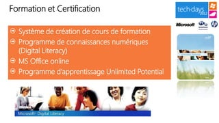 Formation et Certification

  Système de création de cours de formation
  Programme de connaissances numériques
  (Digital Literacy)
  MS Office online
  Programme d’apprentissage Unlimited Potential
 
