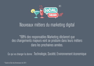 Nouveaux métiers du marketing digital
*68% des responsables Marketing déclarent que
des changements majeurs vont se produire dans leurs métiers
dans les prochaines années.
Ce qui va changer la donne : Technologie, Société, Environnement économique
#3
* Etude du Club des Annonceurs de 2011
 