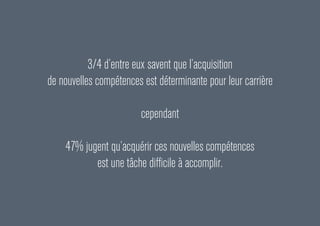 3/4 d’entre eux savent que l’acquisition
de nouvelles compétences est déterminante pour leur carrière
cependant
47% jugent qu’acquérir ces nouvelles compétences
est une tâche difficile à accomplir.
 