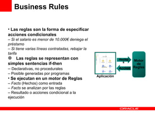 Business Rules Las reglas son la forma de especificar acciones condicionales –  Si el salario es menor de 10.000€ deniega el préstamo –  Si tiene varias   líneas contratadas, rebajar la tarifa Las reglas se representan con simples sentencias if-then  –  Declarativas, no procedurales –  Posible generadas por programas Se ejecutan en un motor de Reglas –  Facts  (Hechos) como entrada –  Facts  se analizan por las reglas –  Resultado o acciones condicional a la ejecución Accion Hechos Motor de Reglas Aplicación 