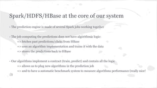 Spark/HDFS/HBase at the core of our system
- The prediction engine is made of several Spark jobs working together
- The job computing the predictions does not have algorithmic logic:
=> fetches past predictions/clicks from HBase
=> uses an algorithm implementation and trains it with the data
=> stores the predictions back to HBase
- Our algorithms implement a contract (train, predict) and contain all the logic
=> allows us to plug new algorithms in the prediction job
=> and to have a automatic benchmark system to measure algorithms performance (really nice!
:))
 