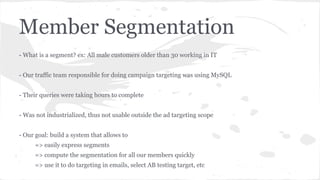 Member Segmentation
- What is a segment? ex: All male customers older than 30 working in IT
- Our traffic team responsible for doing campaign targeting was using MySQL
- Their queries were taking hours to complete
- Was not industrialized, thus not usable outside the ad targeting scope
- Our goal: build a system that allows to
=> easily express segments
=> compute the segmentation for all our members quickly
=> use it to do targeting in emails, select AB testing target, etc
 