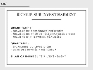 R.O.I

RETOUR SUR INVESTISSEMENT

QUANTITATIF :
- NOMBRE DE PERSONNES PRÉSENTES
- NOMBRE DE PHOTOS TÉLÉCHARGÉES / VUES
- N O M B R E D ’ I N T E RV I E W S R É A L I S É E S
QUALITATIF :
- S I G N AT U R E D U L I V R E D ’ O R
- LISTE DES INVITÉS PRESTIGIEUX
BILAN CARBONE SUITE À L’ÉVÉNEMENT

 