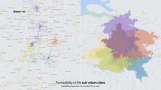 Accessibility of the sub-urban cities.


Reachable areas within 45-minutes, PTO vs. cars.
 
