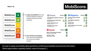 Mob
i
Score
.
An easy-to-grasp accessibility label, granted by combining accessibility and proximity information.


Offers segmentation capability (habits, means of transport…)
Large access
i
b
i
l
i
ty from and
to the
l
oca
l
i
sat
i
on
,
p
l
enty of
mob
i
l
i
ty so
l
ut
i
ons at c
l
ose
prox
i
m
i
ty
.
Very
l
i
m
i
ted access
i
b
i
l
i
ty
from and to the
l
oca
l
i
sat
i
on
,
car
i
s the on
l
y mob
i
l
i
ty
so
l
ut
i
on
.
 
