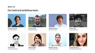 Our bo
l
d and amb
i
t
i
ous team
.
Thomas Hermine


Chief Executive Officer
François Halin


Chief Operating Officer
Mathieu Delvaux


Chief Product Officer
Denis Florkin


Senior Backend Engineer
Hélène Ruelle


Frontend Engineer
Mathieu Ferraris


Lead Frontend Engineer
Thibaut Dols


Account & Sales Lead
Caroline Beauvois


Public Relations Representative
 