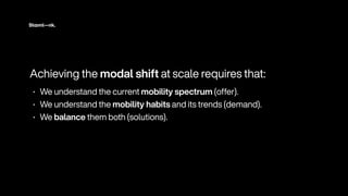 Ach
i
ev
i
ng the moda
l
sh
i
ft at sca
l
e requ
i
res that
:


•
We understand the current mob
i
l
i
ty spectrum (offer)
.


•
We understand the mob
i
l
i
ty hab
i
ts and
i
ts trends (demand)
.


•
We ba
l
ance them both (so
l
ut
i
ons)
.
 