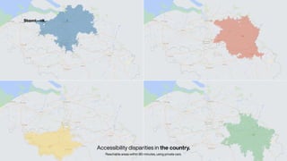 Accessibility disparities in the country.


Reachable areas within 90-minutes, using private cars.
 