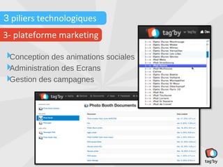3 piliers technologiques
3- plateforme marketing

  Conception des animations sociales
  Administration des Ecrans
  Gestion des campagnes
 